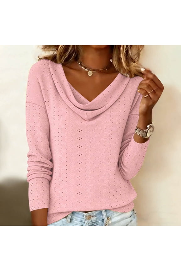 Womens Crochet Cowl Neck Shirts Solid Eyelet Long Sleeve Tops Spring Trendy Embroidered Blouse