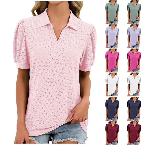 Inverlee Womens Crochet Embroidered Tops Puff Short Sleeve Eyelet Blouse Solid Lapel Collar V Neck Tunics