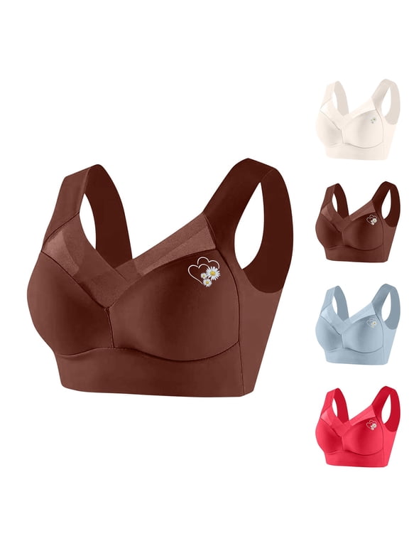 Womens Cross Mesh Seamless Wireless Bra Heart Daisy Graphic Wide Adjustable Straps Multi Earth Tone Large Bust All Day Relaxing Underwear Beige (M-XXXXXL)