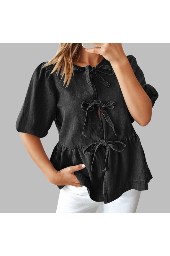 Womens Denim Bow Tie Front Tops Dressy Casual Puff Short Sleeve Shirts Trendy Versatile Round Neck Blouse