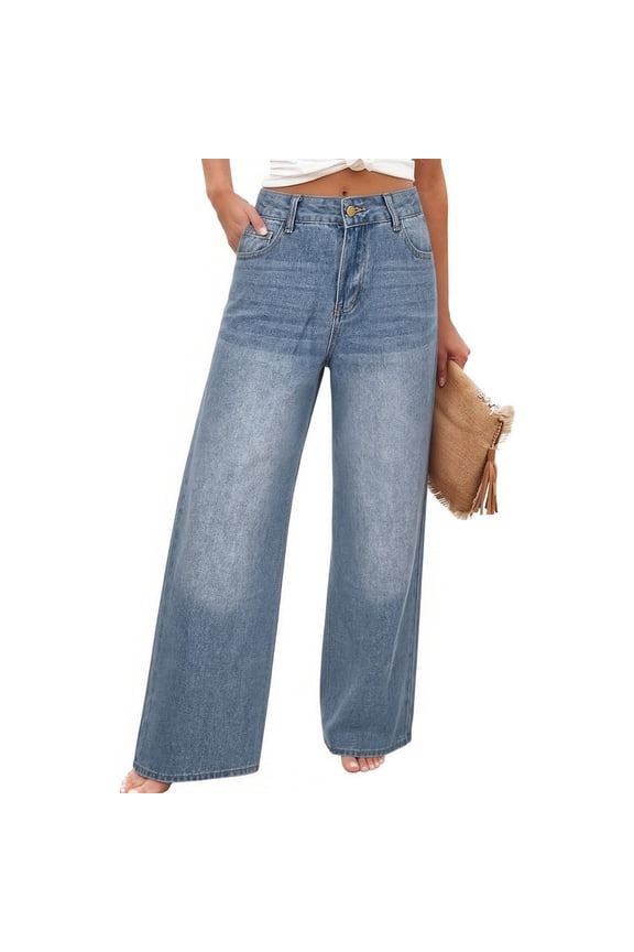 Womens Distressed Jeans High Waisted Wide Leg Denim Vintage Pants Daily Comfort Straight Leg Bottoms with Multi Pockets Blue XXL