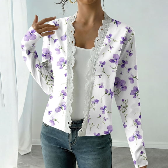 Inverlee Womens Dressy Casual Long Sleeve Cardigan Lace Trim Open Front Shirts Summer Trendy Lightweight Tops