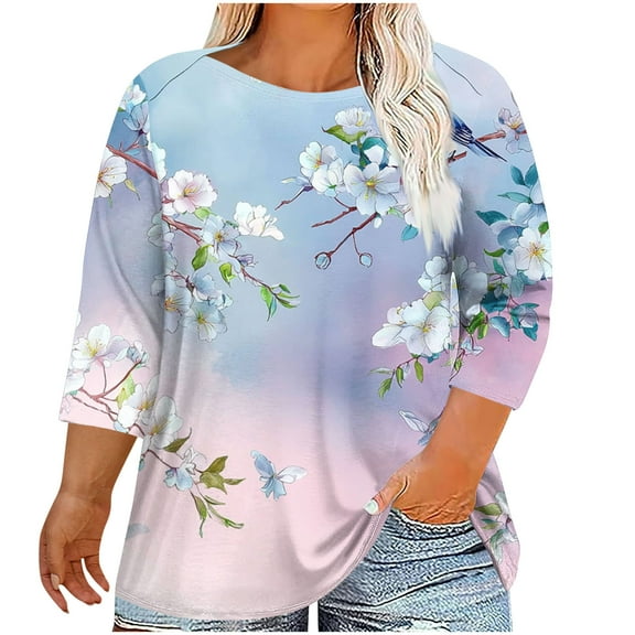 Inverlee Womens Dressy Casual Plus Size Blouse Trendy Spring-like Print 3/4 Sleeve Tunic Tops Casual Relax Fit Breathable Lightweight Tee Shirts