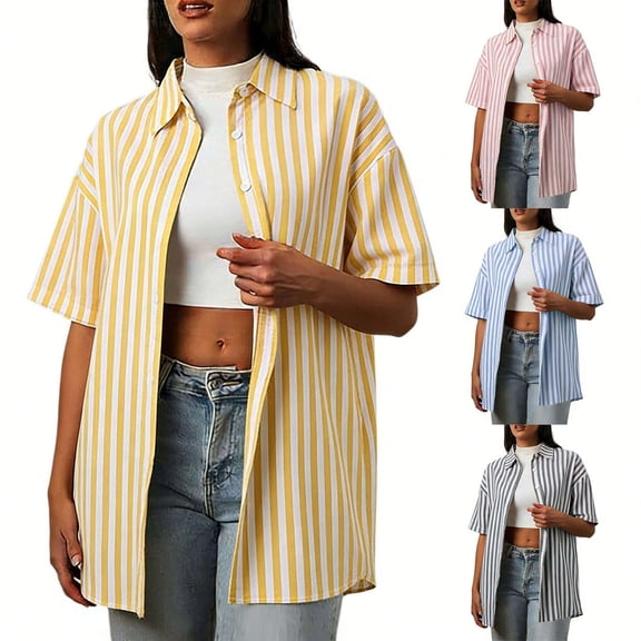 Inverlee Womens Dressy Casual Short Sleeve Jacket Spring Striped V Neck Blouse Trendy Button Down Lapel Collar Shirts