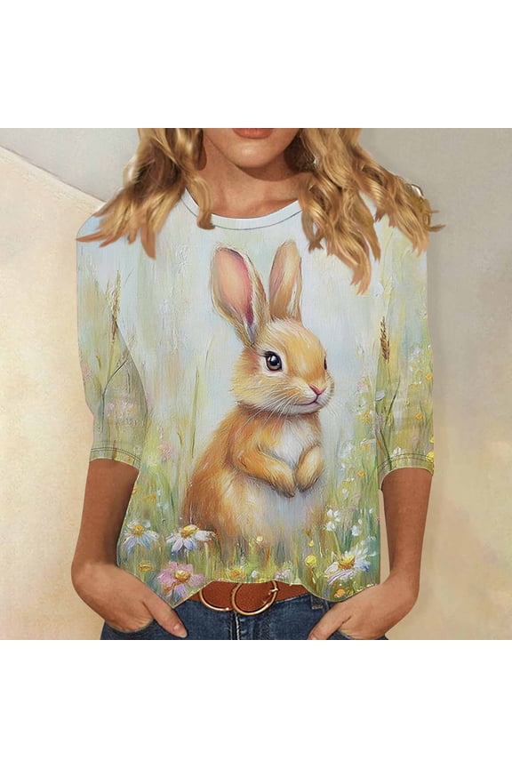Womens Easter Day Shirts 3/4 Sleeve Plus Size Round Neck Tunics Spring Fashion Rabbit Print Tee Tops