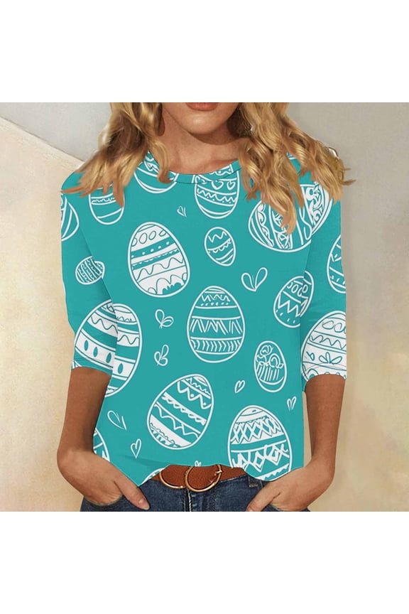 Womens Easter Day Tees Plus Size 3/4 Sleeve Egg Print Tunic Tops Trendy Casual Round Neck Blouses