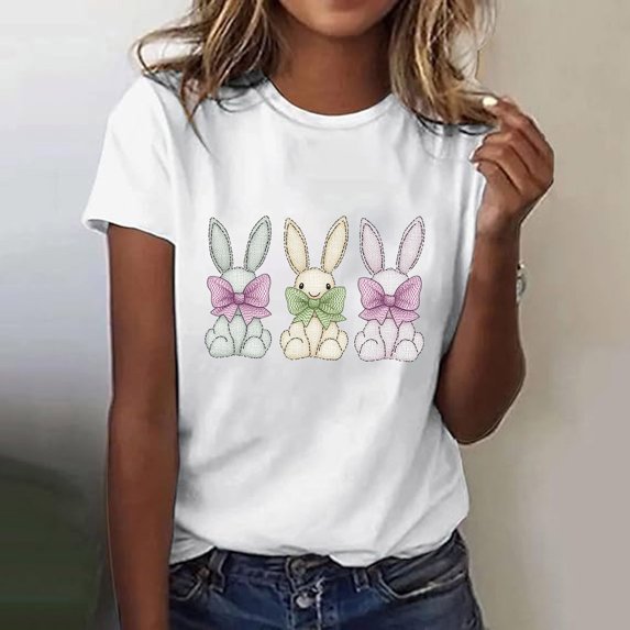 Inverlee Womens Easter Shirts Rabbits Eggs Print Tees Loose Fit Short Sleeve T Shirts Blouses Going Out Crewneck Dressy Casual Tops