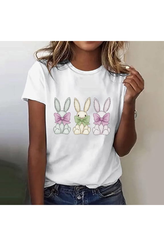 Womens Easter Shirts Rabbits Eggs Print Tees Loose Fit Short Sleeve T Shirts Blouses Going Out Crewneck Dressy Casual Tops