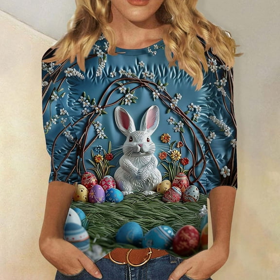 Inverlee Womens Easter Shirts Rabbits Eggs Print Tees Trendy 3/4 Sleeve T Shirts Blouses Workout Crewneck Dressy Casual Tops