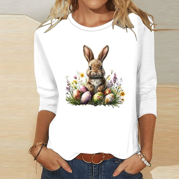 Inverlee Womens Easter Shirts Cute Bunny Eggs Graphic Tees Active 3/4 Sleeve T Shirts Blouses Athletic Round Neck Holiday Tops