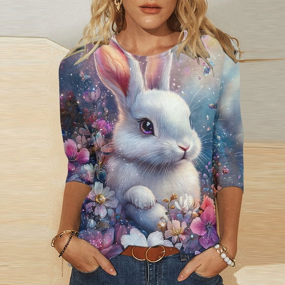 Inverlee Womens Easter Shirts Funny Bunny Eggs Graphic Tees Loose Fit 3/4 Sleeve T Shirts Blouses Summer Round Neck Party Tops