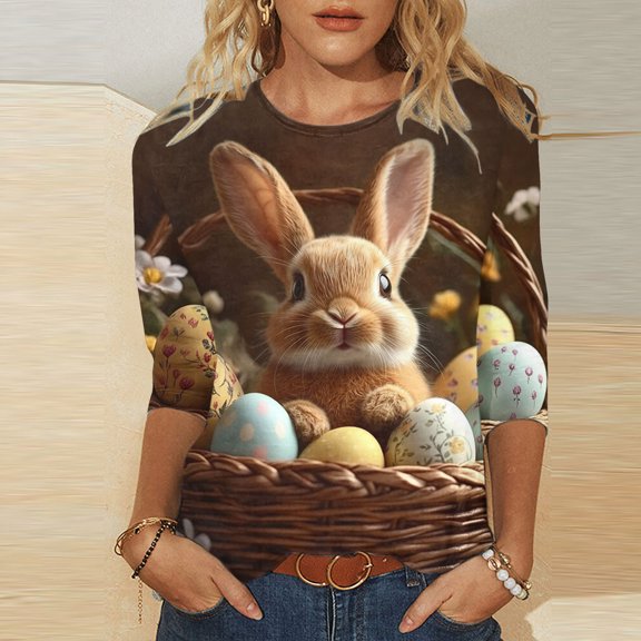 Inverlee Womens Easter Shirts Funny Bunny Eggs Print Tees Loose Fit 3/4 Sleeve T Shirts Blouses Going Out Crewneck Dressy Casual Tops