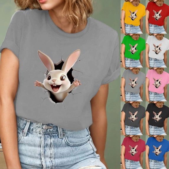 Inverlee Womens Easter Tshirts Funny Rabbits Eggs Graphic Tees Loose Fit Short Sleeve T Shirts Blouses Going Out Crewneck Festival Styles Tops