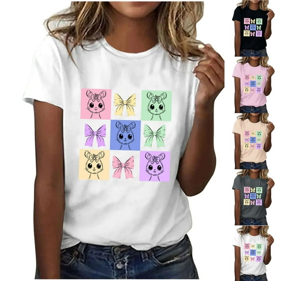 Inverlee Womens Easter Tshirts Funny Rabbits Eggs Print Tees Loose Fit Short Sleeve T Shirts Blouses Work Round Neck Tunic Tops