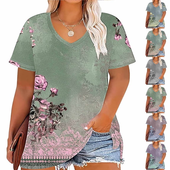 Inverlee Womens Elegant Floral Print Plus Size Blouse Trendy Casual Short Sleeve Tunic Tops Baggy Stretchy Breathable V Neck Shirts