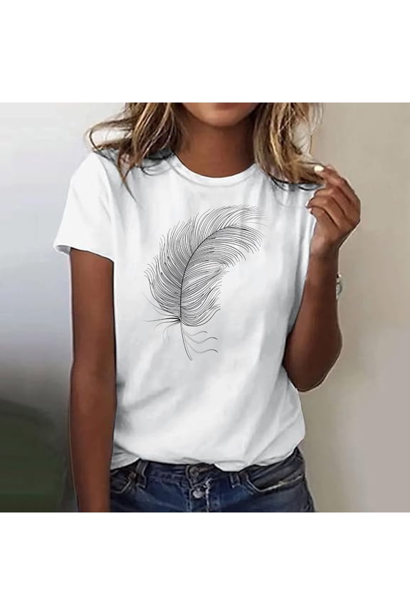 Womens Feather Print T-Shirts Basic Pullover Short Sleeve Tee Summer Trendy Petite Round Neck Tops