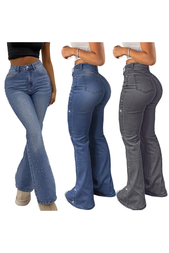 Womens Flare Jeans Elastic Waist Wash Oversized jean Shiny Rhinestone High Waisted Stretch Denim Pants Daily Casual Slim Bottoms with Pockets Blue L