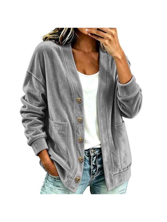 Womens Fleece Button Front Jacket V Neck Long Sleeve Top Fall Casual Outer Layer Gray (S-2XL)