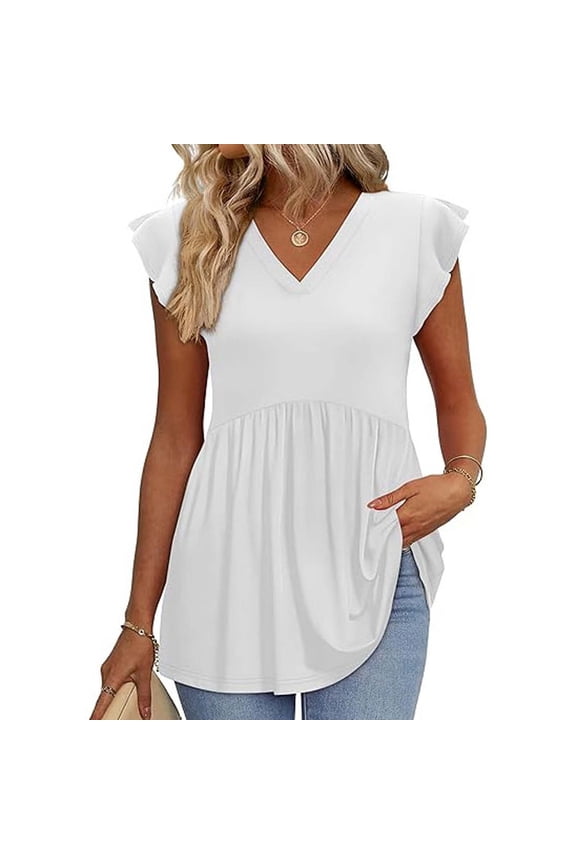 Womens Flowy Tunic Tops Pleated Babydoll V Neck Flutter Sleeve Blouses Casual Loose Fit Comfortable Shirts White XL