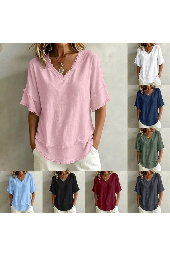 Womens Fringe Trim V Neck Blouses Short Sleeve Crinkle Gauze Fabric Tops Loose Fit Casual Everyday Summer Vacation Shirts Wine S
