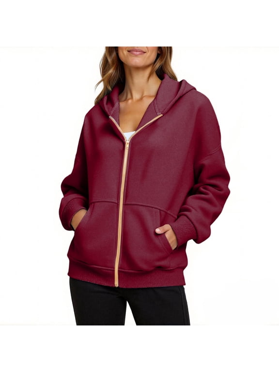 Womens Gold Tone Zipper Full Zip Up Hooded Jacket Drawstring Kangaroo Pocket Long Sleeve Sweatshirts Oversized Casual Streetwear Loungewear Outerwear Tops Wine S