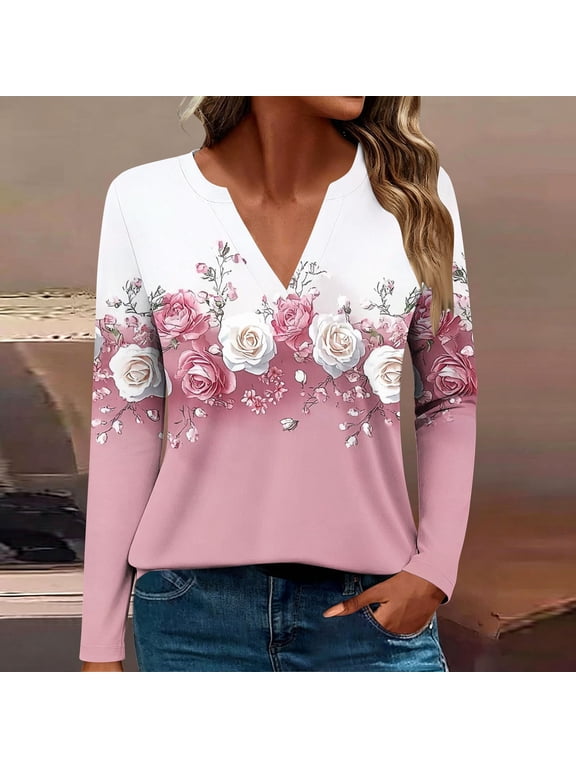 Womens Gradient Rose V Neck Long Sleeve Tops Romantic Floral Print Relaxed Fit Blouses Daily Leisure Wear Skin Friendly Fabric Tees Daily Casual Tees S-XXXL