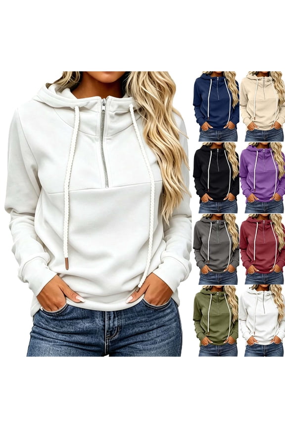 Womens Half Zip Funnel Neck Drawstring Long Sleeve Hoodies Daily Kangaroo Pocket Relaxed Fit Sweatshirts Weekend Walking Soft Loose Pullovers Navy (S-XXL)