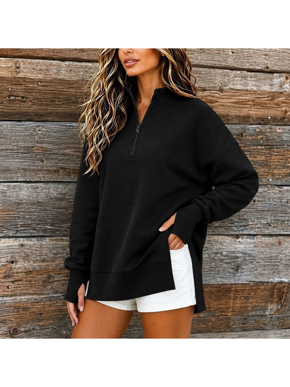 Womens Half Zip Stand Collar Drop Shoulder Side Slit Tunic Sweatshirt Relaxed Fit Long Sleeve Pullover Solid Color Daily Top Black XL