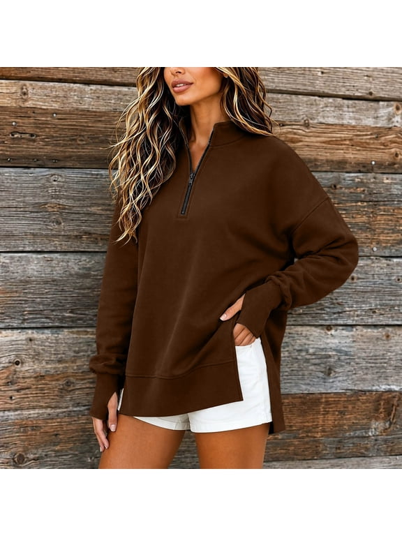Womens Half Zip Stand Collar Drop Shoulder Side Slit Tunic Sweatshirt Relaxed Fit Long Sleeve Pullover Solid Color Daily Top Brown XXL