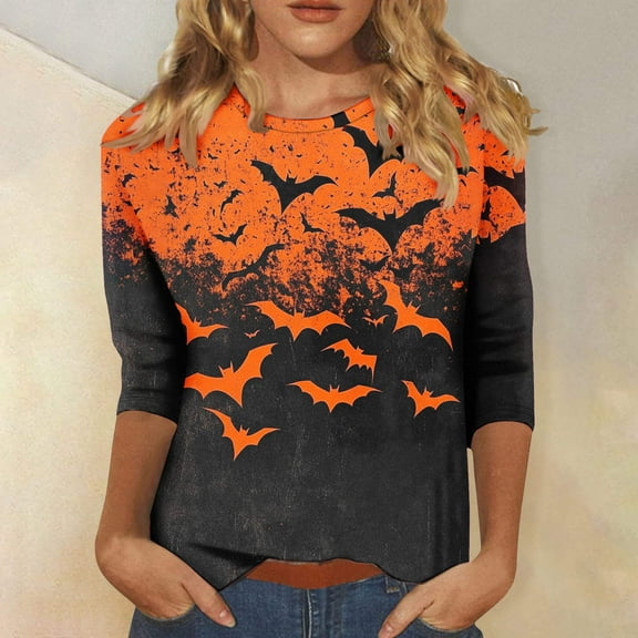 Inverlee Womens Halloween Shirts Cute Pumpkin Ghost Graphic Tees Classic Crewneck T-shirt 3/4 Sleeve Holiday Blouse Tops Halloween Costumes