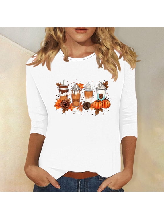 Womens Halloween Shirts Funny Pumpkin Ghost Graphic Tees Trendy Crewneck T-shirt 3/4 Sleeve Dressy Casual Blouse Tops Halloween Gifts