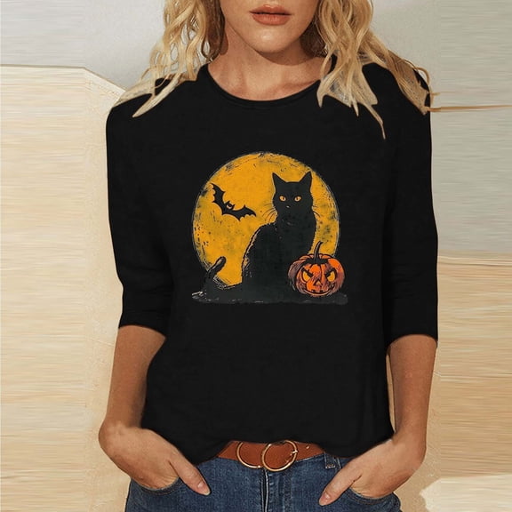 Inverlee Womens Halloween Shirts Funny Pumpkin Ghost Graphic Tees Work Crewneck T-shirt 3/4 Sleeve Dressy Casual Blouse Tops Halloween Party Supplies
