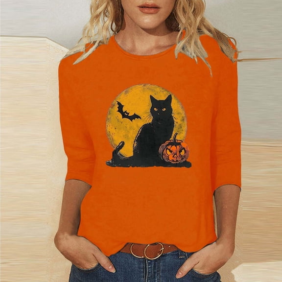 Inverlee Womens Halloween Shirts Funny Pumpkin Ghost Graphic Tees Work Crewneck T-shirt 3/4 Sleeve Dressy Casual Blouse Tops Halloween Party Supplies