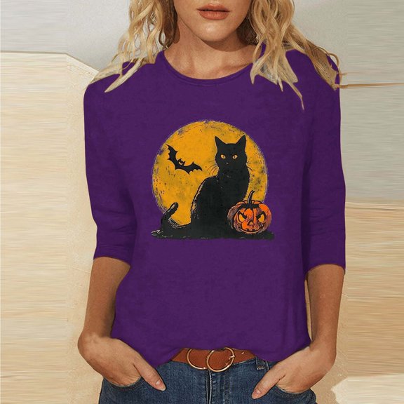Inverlee Womens Halloween Shirts Funny Pumpkin Ghost Graphic Tees Work Crewneck T-shirt 3/4 Sleeve Dressy Casual Blouse Tops Halloween Party Supplies