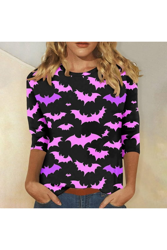Womens Halloween Shirts Funny Pumpkin Ghost Print Tees Going Out Round Neck T-shirt 3/4 Sleeve Tunic Blouse Tops Halloween Gifts