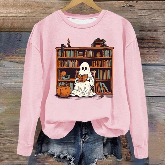 Inverlee Womens Halloween Sweatshirts Cute Pumpkin Ghost Graphic T-shirt Going Out Round Neck Sweatshirt Long Sleeve Tunic Pullover Tops Halloween Costumes