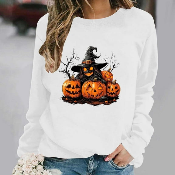 Inverlee Womens Halloween Sweatshirts Cute Pumpkin Ghost Graphic T-shirt Stretch Round Neck Sweatshirt Long Sleeve Holiday Pullover Tops Halloween Costumes