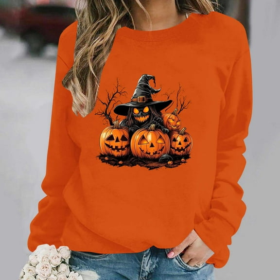 Inverlee Womens Halloween Sweatshirts Cute Pumpkin Ghost Graphic T-shirt Stretch Round Neck Sweatshirt Long Sleeve Holiday Pullover Tops Halloween Costumes