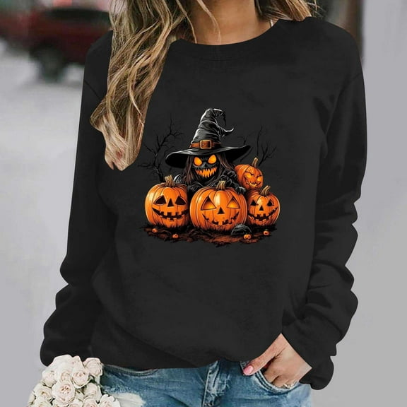 Inverlee Womens Halloween Sweatshirts Cute Pumpkin Ghost Graphic T-shirt Stretch Round Neck Sweatshirt Long Sleeve Holiday Pullover Tops Halloween Costumes