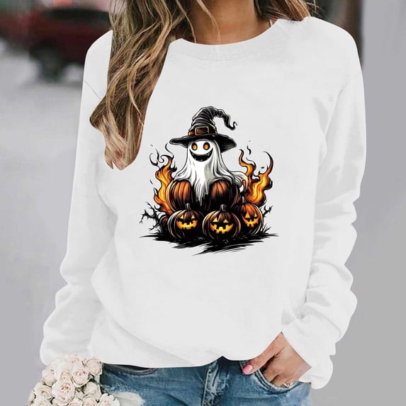 Inverlee Womens Halloween Sweatshirts Funny Pumpkin Ghost Print T-shirt Stretch Round Neck Sweatshirt Long Sleeve Dressy Casual Pullover Tops Halloween Party Supplies