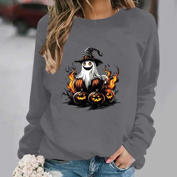 Inverlee Womens Halloween Sweatshirts Funny Pumpkin Ghost Print T-shirt Stretch Round Neck Sweatshirt Long Sleeve Dressy Casual Pullover Tops Halloween Party Supplies