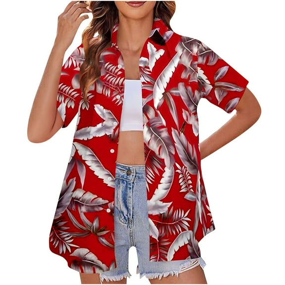 Inverlee Womens Hawaiian Shirts Summer Short Sleeve Tops Cute Loose Fit Boho Print T Shirts Soft Elegant Tunic Blouse Summer Fashion