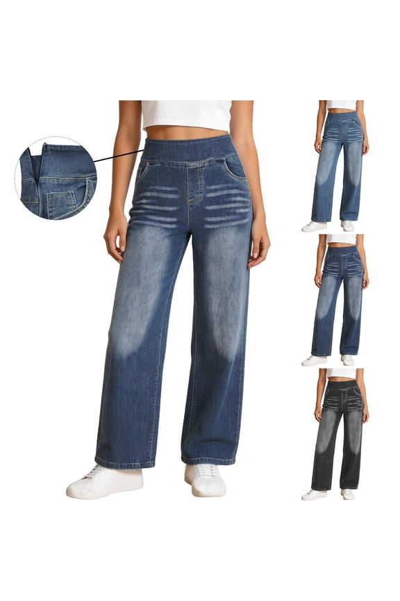 Womens High Waisted Wide Leg Denim Jeans Stretch Side Zip Distressed Trendy Pants Daily Wear Casual Bottoms with Pockets Black XXL