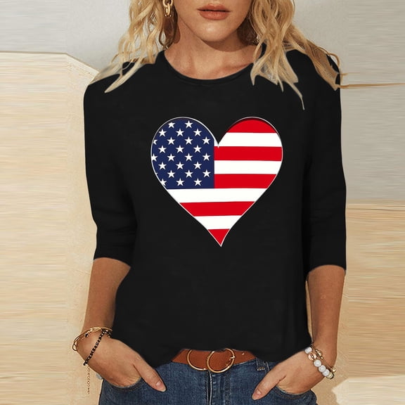 Inverlee Womens Independence Day Shirts Casual Patriotic Red White and Blue Print Tshirts Loose Fit 3/4 Sleeve Tees Lightweight Crew Neck Blouses Tops
