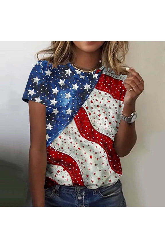 Womens Independence Day Shirts Plus Size American Flag Print Patriotic Tshirts Cute Short Sleeve Tees Trendy Round Neck Blouses Tops