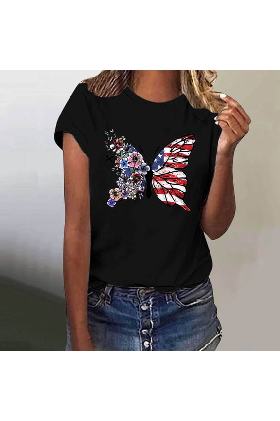 Womens Independence Day Shirts Summer Patriotic USA Flag Graphic Tshirts Cute Short Sleeve Tees Trendy Round Neck Blouses Tops