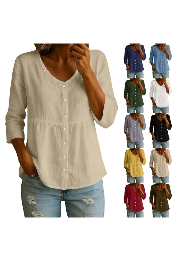 Womens Linen 3/4 Sleeve Blouses V Neck Button Down Loose Tops Summer Casual Loose Fit Shirts Beige L