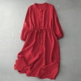thumbnail image 1 of Inverlee Womens Linen Button Down Dresses 3/4 Puff Sleeve Round Neck Midi Dress Ruffled Drawstring Casual Sundress, 1 of 6