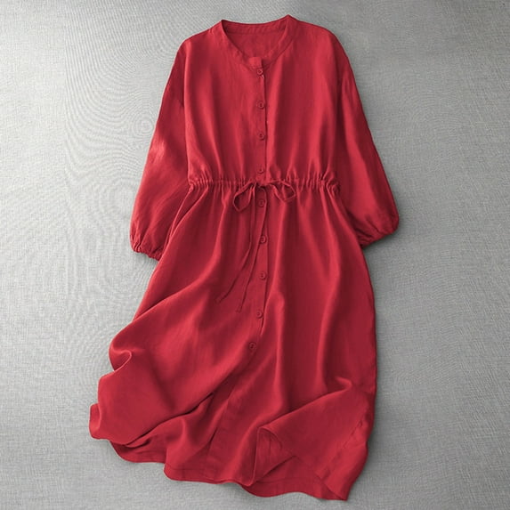 Inverlee Womens Linen Button Down Dresses 3/4 Puff Sleeve Round Neck Midi Dress Ruffled Drawstring Casual Sundress