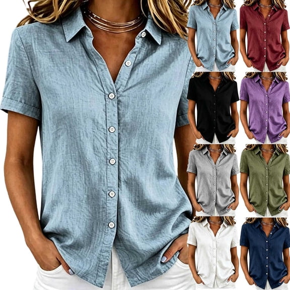 Inverlee Womens Linen Button Up Shirts Short Sleeve V Neck Breathable Blouses Formal Casual Office Commute Tops Army Green M
